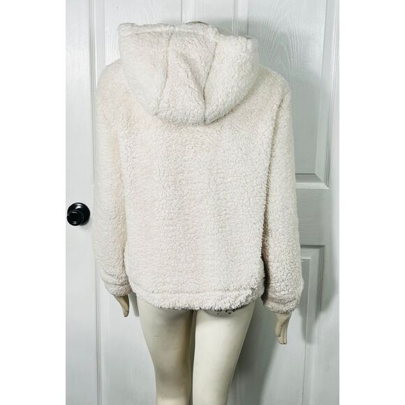 Haute Monde Ivory Faux Fur Coat Gold Hardware Hooded Pockets Womens‎ Large - Picture 3 of 8
